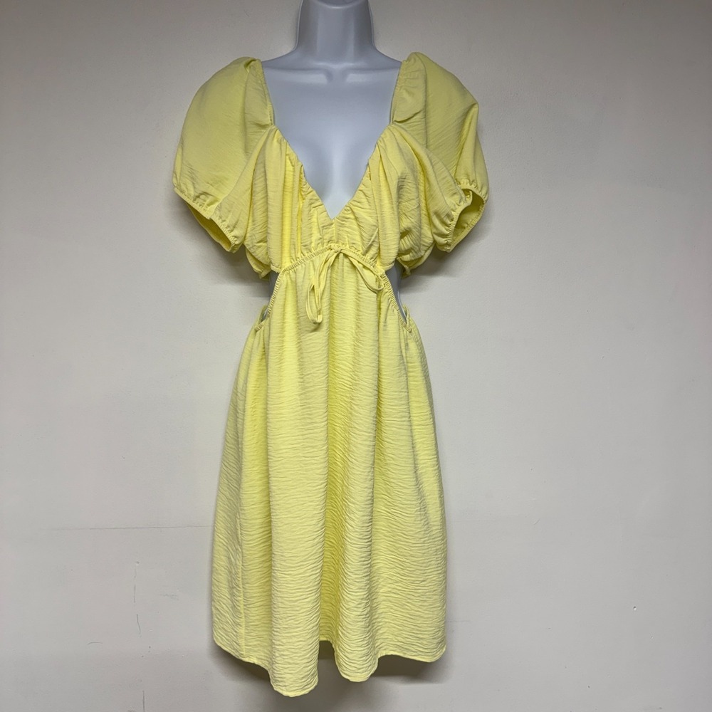 Love Tree Sundress Womens L Yellow Deep V Short Sleeve Cutout A-Line Mini Dress